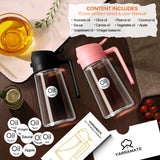 YARRAMATE 16oz/470ml Glass Olive Oil Sprayer for Cooking with Stickers, 2 in 1 Oil Dispenser for Kitchen Gadgets, Food Grade Premium Spray Bottle with Portion Control for Salad, Frying, BBQ (Black)